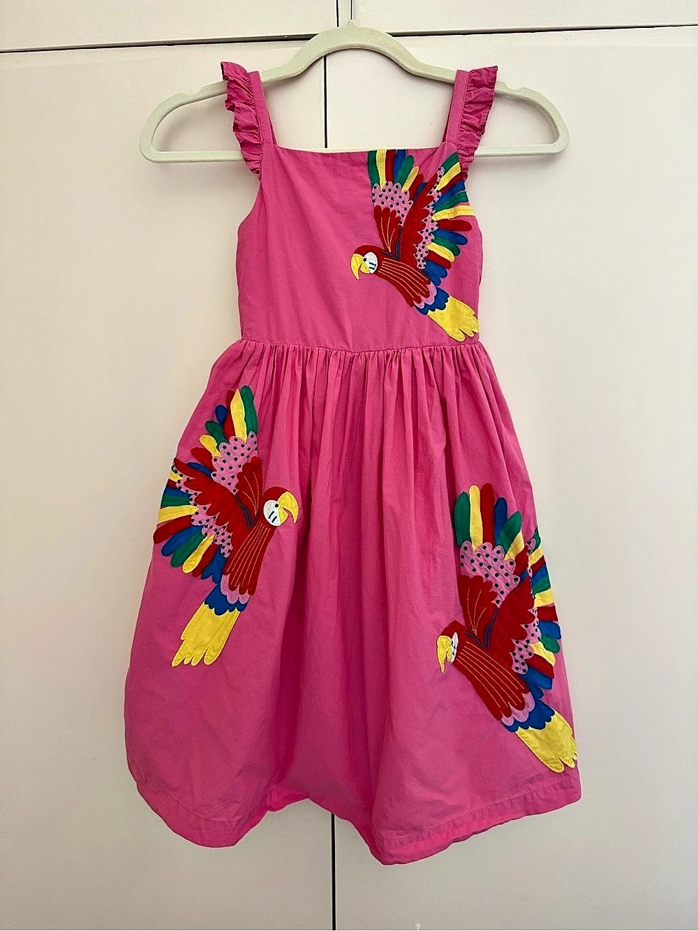 Mini Boden Girls Pink Parrot Dress Size 7-8Y Like New